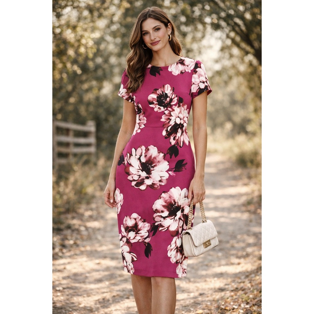 Chelsea Rose Burgundy Floral Sheath Dress Women 6 Short Sleeve Stretch Midi